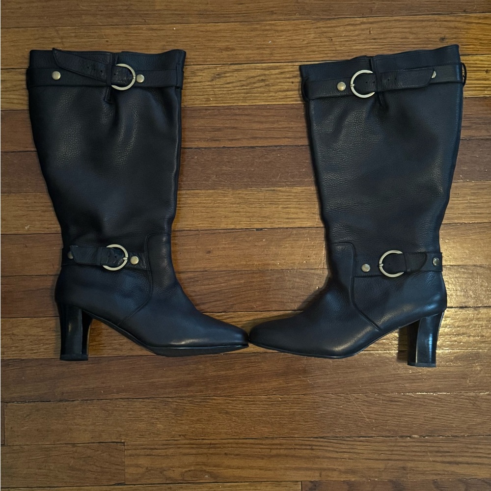 Black Leather Knee-High Boots Wide